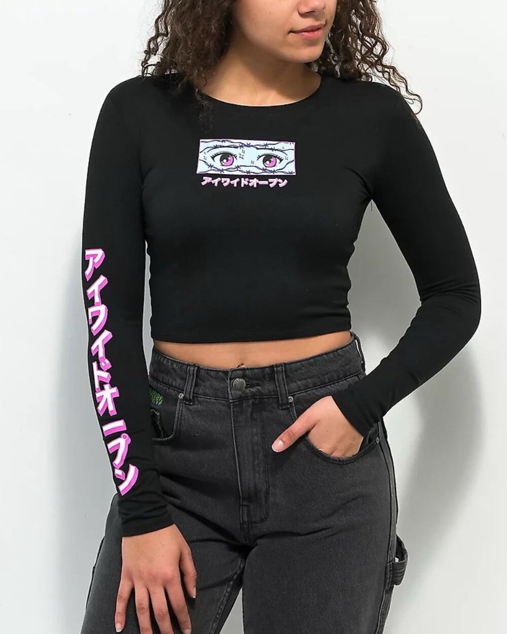 Alab Women’s Shirt Anime Lab Anime Eyes Crop Top Long Sleeve Black Size M